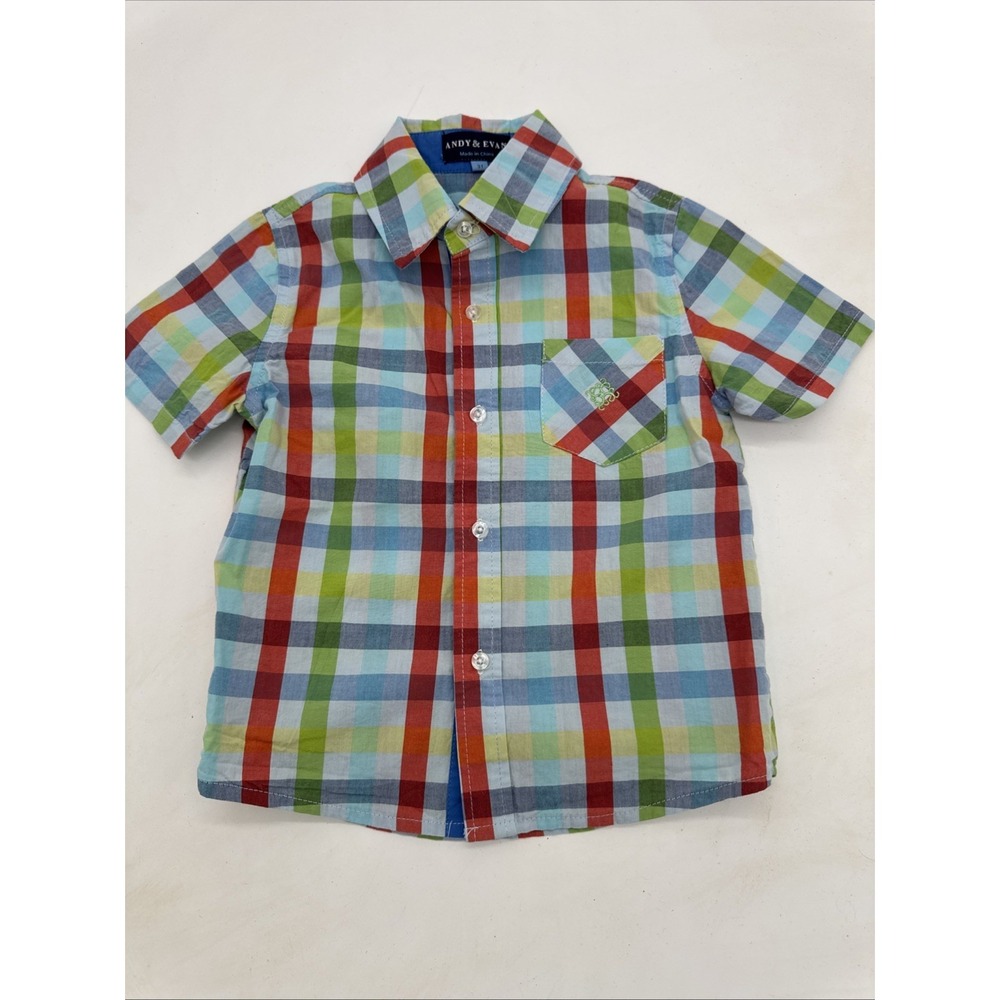 NWT Andy & Evan Boys 3T Short Sleeve Pastel Plaid Button up Shirt
